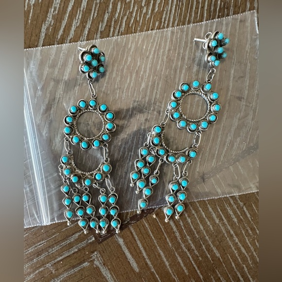Zuni Turquoise & Sterling Silver Chandelier Earrings - Picture 1 of 10